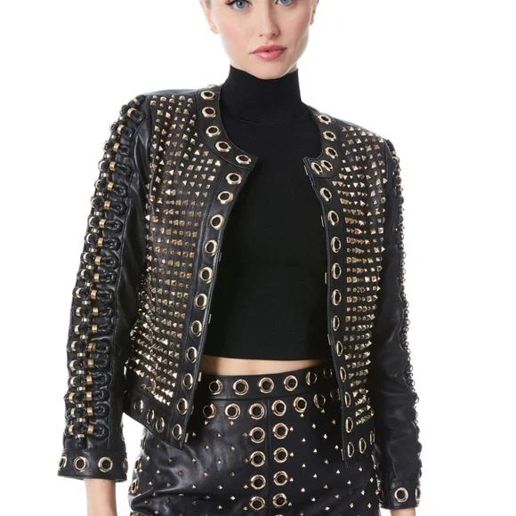 KIDMAN EMBELLISHED LEATHER BOXY JACKET + RILEY A-LINE STUDDED LEATHER SKIRT - Picture 5 of 8